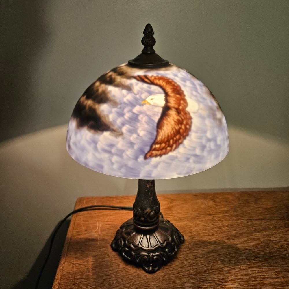 Jefferson Style Reverse Hand Painted Table Lamp W/Glass Shade &‎ Metal Base 14"